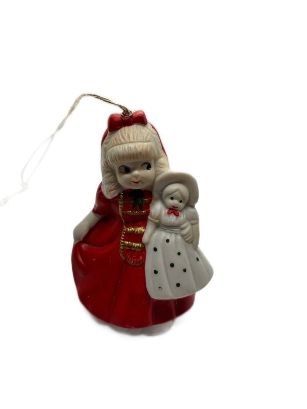 Vintage Style Ceramic Girl with Doll Christmas Ornament Holiday Decor Red Dress